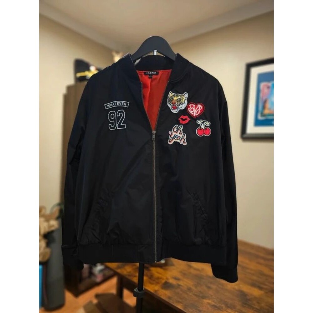 NWOT Torrid Black Bomber Jacket with Patches